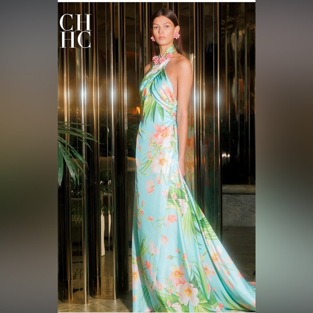 Carolina Herrera Runway Green and Blue Backless Halter Sundress
